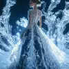 美丽的外星模特的全身肖像、Iris van Herpen风格的复杂花丝水晶连衣裙、发光的灯光、空灵的背景、对称的构图、淡白色和深蓝色、工作室摄影、超现实、超细节、超真实--ar 4：5 --s 250