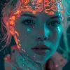 这张图像显示了[一名白人女性]，她有一个非常独特和风格化的[霓虹灯大脑]，它被设计成看起来像一个充满徽标、透明徽标的大脑，汽车品牌、食品品牌、服装品牌、科技品牌、饮料品牌、电脑品牌、出版品牌，徽标分布在整个大脑中并完美融合。这种精心设计的设计似乎是霓虹灯色调，与人的浅色肤色形成鲜明对比。该人的面部特征明确，下巴强壮，颧骨突出，眼睛深邃。她穿着一件带有霓虹灯设计的夹克，呼应了大脑的霓虹灯主题。人的目
