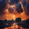 A massive thunderstorm with dark clouds and lightning striking in the distance, creating an epic and dramatic sky. The scene is captured from above in the style of National Geographic photographer Ste