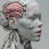 头上的电子系统人形机器人女人，有一个可见的详细粉红色大脑，有一个可见的详细红色心脏肌肉，电缆，生物朋克，控制论，赛博朋克，白色大理石半身，佳能m50 100毫米，清晰的焦点，流畅的超现实主义，高度详细的复杂细节由米开朗基罗雕刻。--ar 4：5 --s 80 --v 6.0 --风格原始