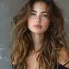 a beautiful young woman in black with long hair, in the style of textural layers, reefwave, light brown and light black, wet-on-wet blending, wavy, pop inspo, captivating gaze --ar 74:97 --stylize 750