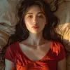 亚洲女人躺在床上，穿着红色T恤，以karol bak的风格，统一上演的图像，shilin Huang，32 k uhd，深琥珀色和灰色--ar 71：93 --styleum 750 --v 6