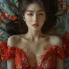 亚洲女人躺在床上，穿着红色T恤，以karol bak的风格，统一上演的图像，shilin Huang，32 k uhd，深琥珀色和灰色--ar 71：93 --styleum 750 --v 6