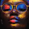 a woman wearing colored painted glasses,in the style of hip-hop influenced, bold graphic illustrations, intense shadows, art of the congo, bold color blends, realistic color schemes, bold posters --ar