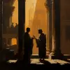 戈雅风格的油画，以古罗马一座有柱子和拱门的宫殿内为背景，描绘了两个男人在黑暗中交谈，光线透过窗户照射进来。这幅画以拜占庭建筑和带有柱子和雕像的古典建筑为特色。戏剧性的照明与黑白对比技术一起使用，在明亮和黑暗区域之间创造出鲜明的对比。这种风格让人想起卡拉瓦乔，具有历史现实主义和超现实的细节。--ar 25：32 --v 5.2 --原始风格
