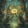 一群青蛙，手牵着手在中心，以托马斯·金凯德的风格绕着魔法萤火虫环跳舞。--ar 53：64