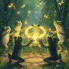 一群青蛙，手牵着手在中心，以托马斯·金凯德的风格绕着魔法萤火虫环跳舞。--ar 53：64
