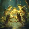 一群青蛙，手牵着手在中心，以托马斯·金凯德的风格绕着魔法萤火虫环跳舞。--ar 53：64