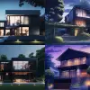 一座现代住宅，夏日灯光明亮，采用深色反射风格，分层丰富，喜怒无常的配色方案，玻璃般的半透明，8 k，广阔的空间，深色色调   --ar 128：85