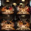 中国，一家人围坐在餐桌前，包饺子，揉面团、擀饺子皮、放馅料，桌面摆满未煮的饺子，背景是厨房的暖色灯光。