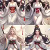 一幅美丽的动漫风格插图，描绘了一位穿着白色汉服的中国古代王后，手里拿着两把剑，躺在地上，长发，头戴王冠，胸前纹着红龙纹身，风格为[艺术家名称]。--ar 3：4
