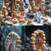 miniature construction workers building a Ferris wheel made of giant donuts as gondolas. The workers wear orange safety vests, helmets, and use tools, carefully placing the donuts using a crane. Some 