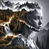 这是一位年轻女子的特写照片，她的轮廓是狂野、崎岖的山地景观和未驯服的自然。茂密的森林、岩石悬崖和瀑布无缝融入了她的轮廓。自然风光充满活力，每个元素都流入下一个元素，创造出错综复杂、和谐的设计。这位女士的五官仍然柔和而大胆，因为风景成为她身份的一部分。她的眼睛闪烁着荒野的强烈光芒，山脉和森林的纹理增强了她的存在感，给了她一种近乎神话的光环。背景与她内心充满活力的生活形成鲜明对比，为作品增添了深度和神