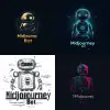 一个写着“Midjourney Bot”的LOGO，科技感、未来主义、简约风格、机器人形象、创新思维、数字化世界、智能助手、全球化视野、跨越旅程、连接人与科技。