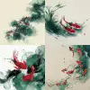 中国传统水墨画风格，红白相间的鱼游动，线条流畅，水花四溅，极简优雅，捕捉到鱼的动态动作。