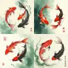 中国传统水墨画风格，红白相间的鱼游动，线条流畅，水花四溅，极简优雅，捕捉到鱼的动态动作。