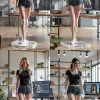 一个逼真的3D模型，一名身材高挑的漂亮女子站在透明底座上，穿着紧身黑色短袖上衣和深色牛仔短裤。在背景中，有一个计算机显示器，显示她的线框3D模型，背景设置在现代办公环境中，有架子和大窗户，具有高细节和照片般的真实感风格。   --ar 4:7