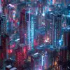 3D立体，赛博朋克城市，霓虹灯，未来感，高楼林立，夜色，科技元素，细致建模，摄影级渲染，震撼视角   --ar 9:16