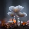 森林落叶间，蕈类蘑菇特写，米白与浅灰色调，高清微距摄影风格，菌伞纹理细腻，湿润泥土与微光交错，画面神秘清新
