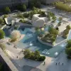 市政广场中心建筑，雕塑与水池环绕开放空间，银灰和蓝色为主，公共艺术风格，喷泉细水和地面石材拼接增强细节，午后阳光映射广场，氛围活跃，建筑设计效果图     --ar 4:3