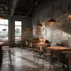 特色咖啡馆，工业风内装与暖色灯光，水泥灰与木色调，复古现代风格，复古家具和壁画细节，大窗投下柔和影子，空间舒适，建筑设计效果图     --ar 4:3