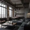 都市loft公寓，高挑空间与工业风管道设计，水泥灰与深褐色，工业极简风格，裸露砖墙和金属吊灯体现细节，大面积窗户投射晨光，空间感强烈，建筑设计效果图     --ar 4:3