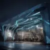 地铁入口，现代立面与霓虹灯光，深蓝与银灰色调，都市现代风格，人流涌动和地下空间层次分明，明暗交错，空间动感，建筑设计效果图     --ar 4:3