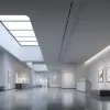 美术馆展厅，白色墙面与聚光灯设计，纯白与浅灰色调，极简艺术风格，空间层次分明和展品聚焦细致，灯光聚焦艺术品，氛围静谧，建筑设计效果图     --ar 4:3