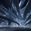 立体交通枢纽，多层交错道路与高架桥，灰白与深蓝色调，都市未来风格，道路标识与车辆流动细致，夜晚灯光轨迹交织，空间动态，建筑设计效果图     --ar 4:3