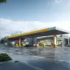 高速公路服务区，宽敞停车场和现代建筑立面，灰白与亮黄色调，实用现代风格，路标清晰和便利设施细致，阳光照射空间，环境舒适，建筑设计效果图     --ar 4:3