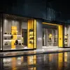 时尚品牌旗舰店，玻璃展示橱窗与独特立面，黑白与亮黄色调，都市潮流风格，聚光灯照射商品和LOGO突出，夜间橱窗灯光与街道反射，空间精致，建筑设计效果图     --ar 4:3