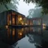 东方禅意，竹林别墅，水景庭院，自然石材，木质结构，极简美学，静谧氛围，晨曦微光洒落，竹影斑驳，空气中带有细微雾气，水面倒影清晰，温润柔和的光影，建筑设计效果图     --ar 4:3