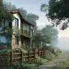 乡村田园别墅，木屋和石墙环绕花园，米白与草绿色彩柔和，田园风格，藤蔓爬墙、木质栏杆细节丰富，清晨阳光穿透薄雾，温馨静谧，建筑设计效果图     --ar 4:3