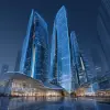 未来主义，流线型建筑，透明玻璃幕墙，蓝色光影，高耸摩天楼，城市夜景，科技感，建筑外立面反射城市灯光，地面微微湿润反射，顶级材质渲染，细致结构，明暗层次分明，建筑设计效果图     --ar 4:3