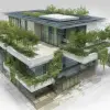 生态智能住宅，绿色屋顶、太阳能板和垂直绿植墙，翠绿与银灰色调，绿色环保风格，雨水收集系统和智能窗帘细节丰富，斑驳树影与自然采光交错，建筑设计效果图     --ar 4:3