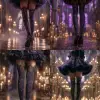 魔法学园大厅，少女穿深紫色蓬蓬裙与黑色星月丝袜，搭配金色魔法饰品，紫与黑色调，奇幻魔法风格，丝袜星星图案闪亮，烛光映照裙摆，氛围梦幻神秘     --ar 3:4