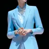 夏季职场演讲，女士浅蓝色套装搭配银色饰品，色彩清爽，简约自信风格，套装线条流畅，舞台聚光灯下质感突出，服饰设计效果图     --ar 9:16