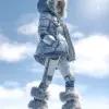 冬季雪地行走，女士加厚羽绒服与防滑雪地靴，白色与藏青色，极寒户外风格，羽绒服绒毛帽与拉链细节，雪地反射阳光，服饰设计效果图     --ar 3:4