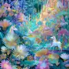 卡通童话花园，独角兽与小精灵嬉戏，彩虹色与青绿，梦幻魔法风格，花朵细节繁复，晨光与魔法光点交错，画面灵动绚丽     --ar 3:4