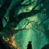 游戏精灵森林，弓箭手少女守护古树，翠绿与金色，奇幻自然风格，树叶纹理细致，光点穿梭林间，画面神秘安详     --ar 3:4