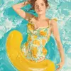 二次元夏日海滩，活泼少女抱着海豚泳圈，亮黄色与水蓝色，清新可爱风格，泳衣上有水果印花，阳光反射水波，画面欢快明亮     --ar 3:4