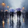 二次元雨后街道，少年打着透明雨伞行走，蓝灰与淡紫，都市治愈风格，地面有水珠反光，街灯映照雨幕，画面静美安然     --ar 3:4
