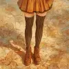 秋季枫叶公园，二次元美女穿焦糖色短裙与咖啡色竖条纹丝袜，搭配棕色靴子，棕与橙色调，温暖自然风格，丝袜竖条纹细致，落叶光影下腿部轮廓分明，画面治愈     --ar 3:4