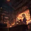 动漫魔法书屋，少女翻阅古籍，深棕与紫色，魔法幻想风格，书页有符文光效，烛光映照书架，氛围神秘温暖     --ar 3:4