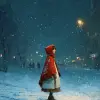 二次元雪夜街头，少女身披红色斗篷，雪白与猩红，冬日幻想风格，斗篷上有雪花刺绣，路灯光晕映照雪地，氛围温柔静谧     --ar 3:4