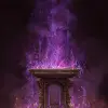 游戏魔法祭坛，巫师召唤元素精灵，紫色与金色，奇幻神秘风格，祭坛有符文雕刻，火焰与魔法光效交错，氛围神秘强烈     --ar 3:4