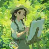 二次元春游森林，少女背着画板写生，浅绿与米白，艺术清新风格，画板上色彩斑斓，晨光透过树叶，画面治愈安静     --ar 3:4
