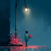 动漫雨中告白，少年手捧花束站在路灯下，深蓝与玫红，情感戏剧风格，花瓣滴着雨珠，灯光下水面倒影，画面浪漫动人     --ar 3:4
