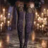 魔法学园大厅，少女穿深紫色蓬蓬裙与黑色星月丝袜，搭配金色魔法饰品，紫与黑色调，奇幻魔法风格，丝袜星星图案闪亮，烛光映照裙摆，氛围梦幻神秘     --ar 3:4
