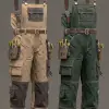 春季园艺工作，男士帆布工作服与工具腰带，卡其与深绿色调，功能性工装风格，工作服口袋与腰带工具细节，阳光照射衣物厚实质地，服饰设计效果图     --ar 3:4
